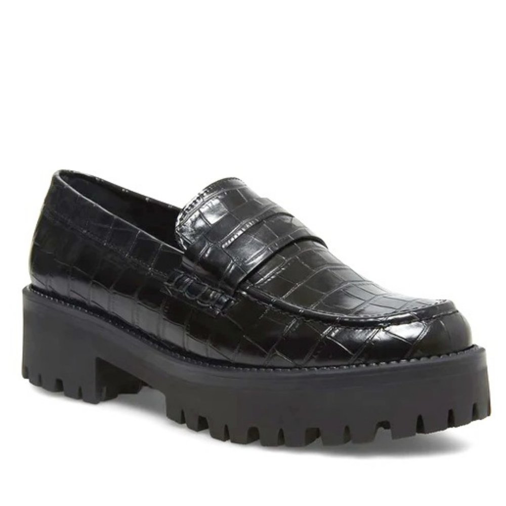 New STEVE MADDEN Crew Black Crocodile Leather Penny Loafer SZ 5.5